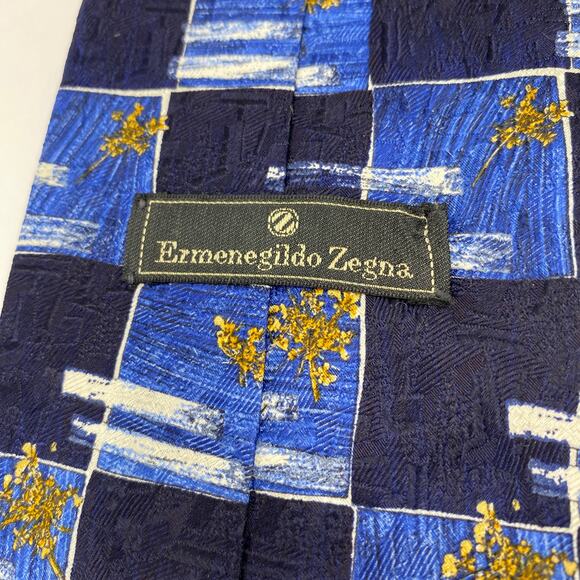 Ermenegildo Zegna Men' Silk Tie Necktie Navy Check Boho Gold Floral Branch Italy - Picture 6 of 8